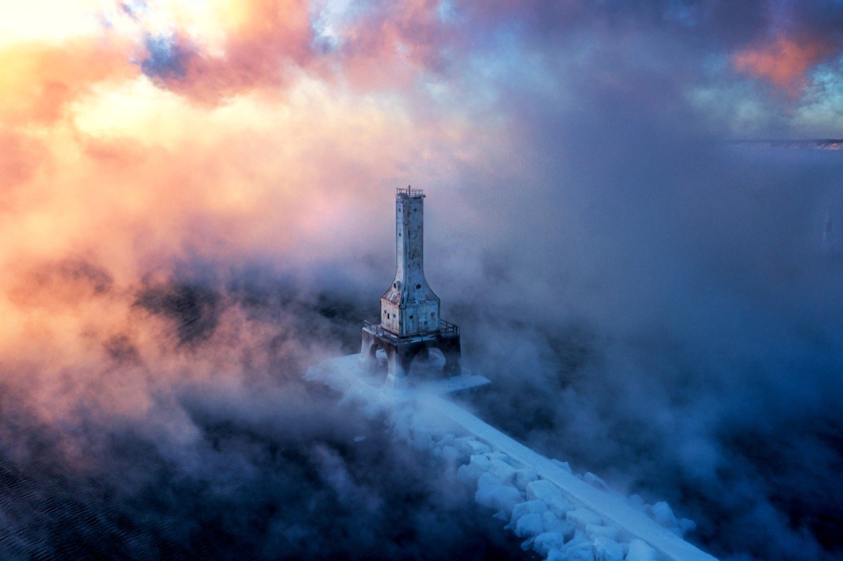 Port Washington lighthouse from above, in fog
